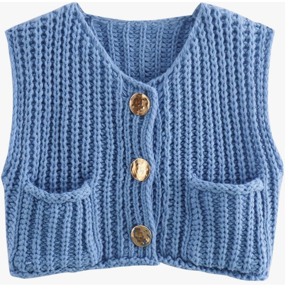 Blue Knit Vest with Gold Buttons